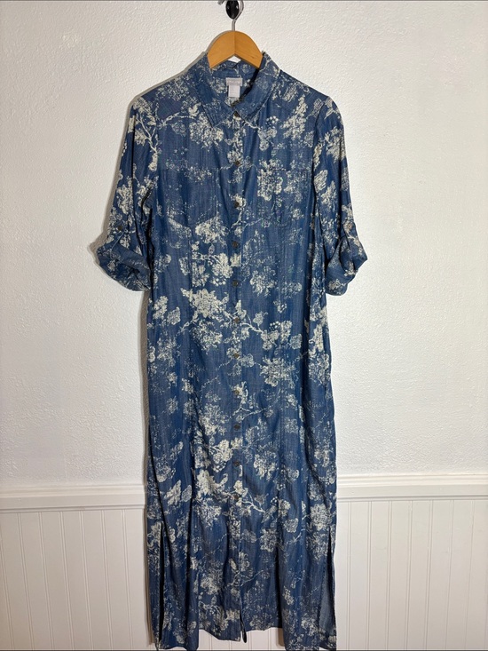 Chico's Dresses & Skirts - Chico's Blue Floral Chambray Denim Maxi Shirt Dress Split Hem Size 1 | Med